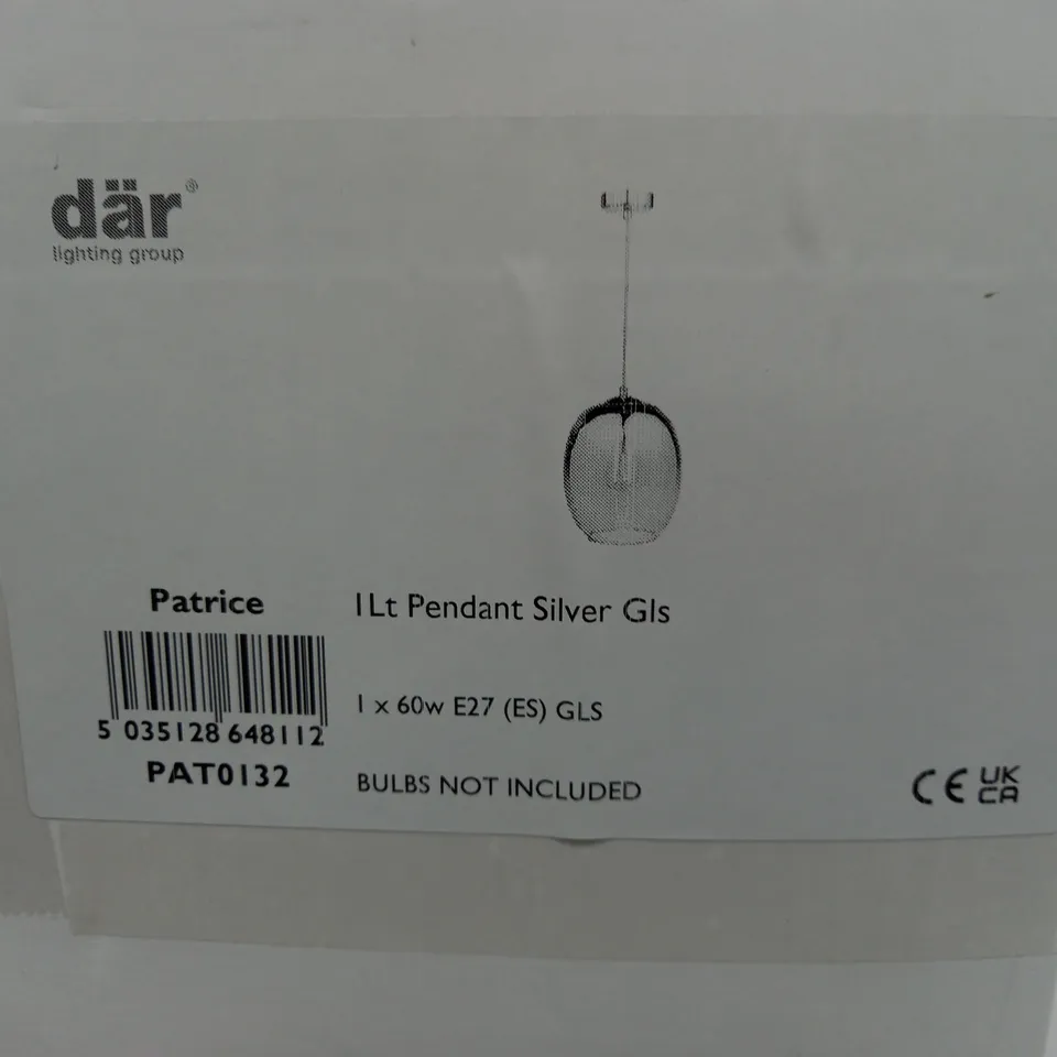 BOXED PATRICE 1 LIGHT PENDANT SILVER GLASS