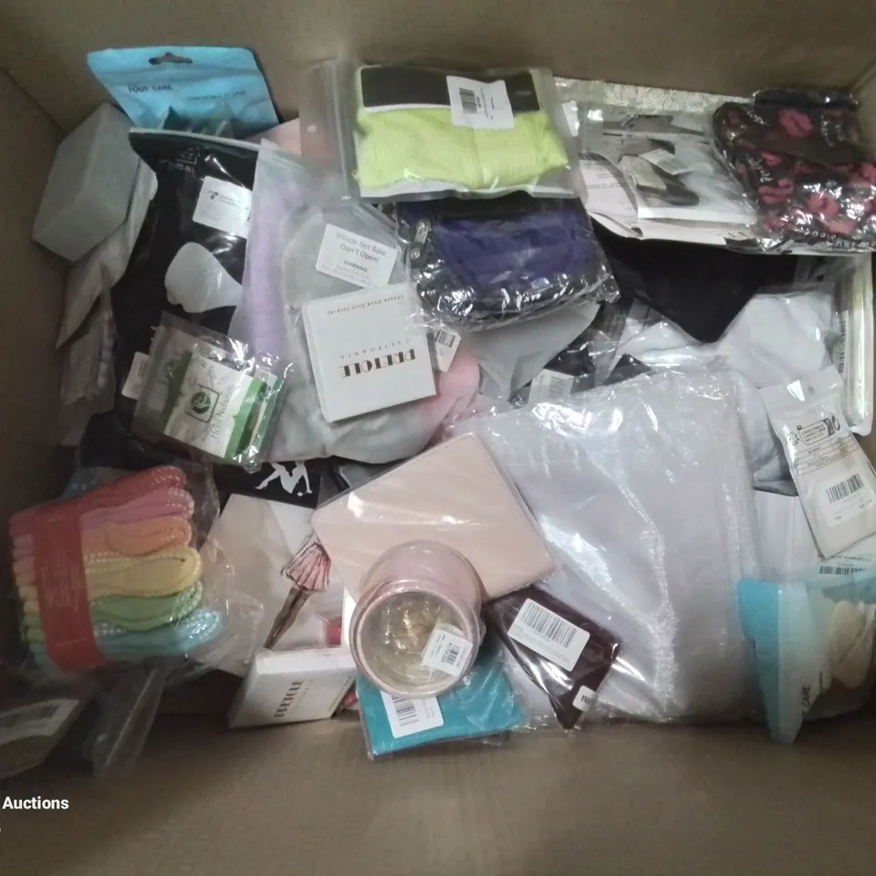 BOX CONTAINING LARGE AMOUNT OF MIXED FASHION ITEMS, SILVER PLATE AND COSTUME JEWELLERY, CLOTHING ITEMS ETC.