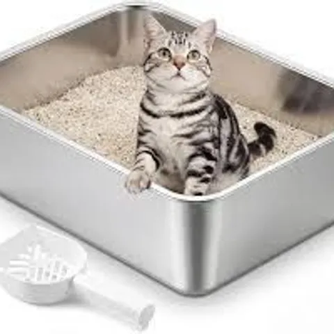 BOXED FEANDREA STAINLESS STEEL LITTER BOX, OPEN TOP CAT LITTER TRAY WITH SCOOP, SILVER, 45 X 35 X 15 CM FOR KITTENS, SMALL CATS