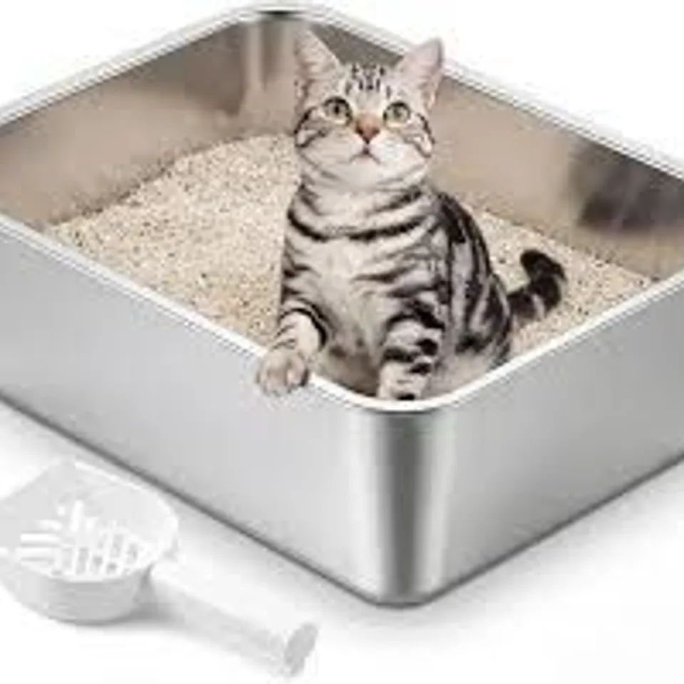 BOXED FEANDREA STAINLESS STEEL LITTER BOX, OPEN TOP CAT LITTER TRAY WITH SCOOP, SILVER, 45 X 35 X 15 CM FOR KITTENS, SMALL CATS