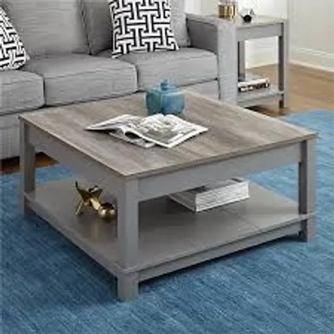 BOXED CARVER COFFEE TABLE WITH 1 SHELF IN GREY (1 BOX)