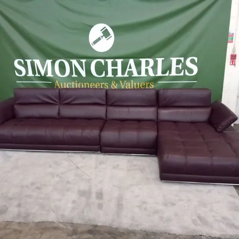 DESIGNER ITALIAN MADE VIVALDI BURGUNDY LEATHER LARGE CORNER SOFA WITH ADJUSTABLE HEADRESTS AND SQUARE PANEL DETAIL