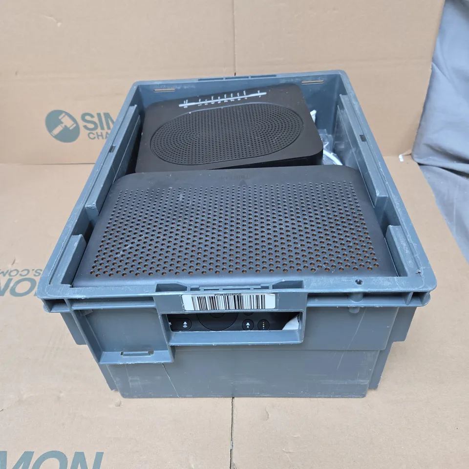 TOTE OF APPROXIMATELY 15 ASSORTED HOUSEHOLD ITEMS TO INCLUDE ROUTER, SKY REMOTE, CABLES ETC