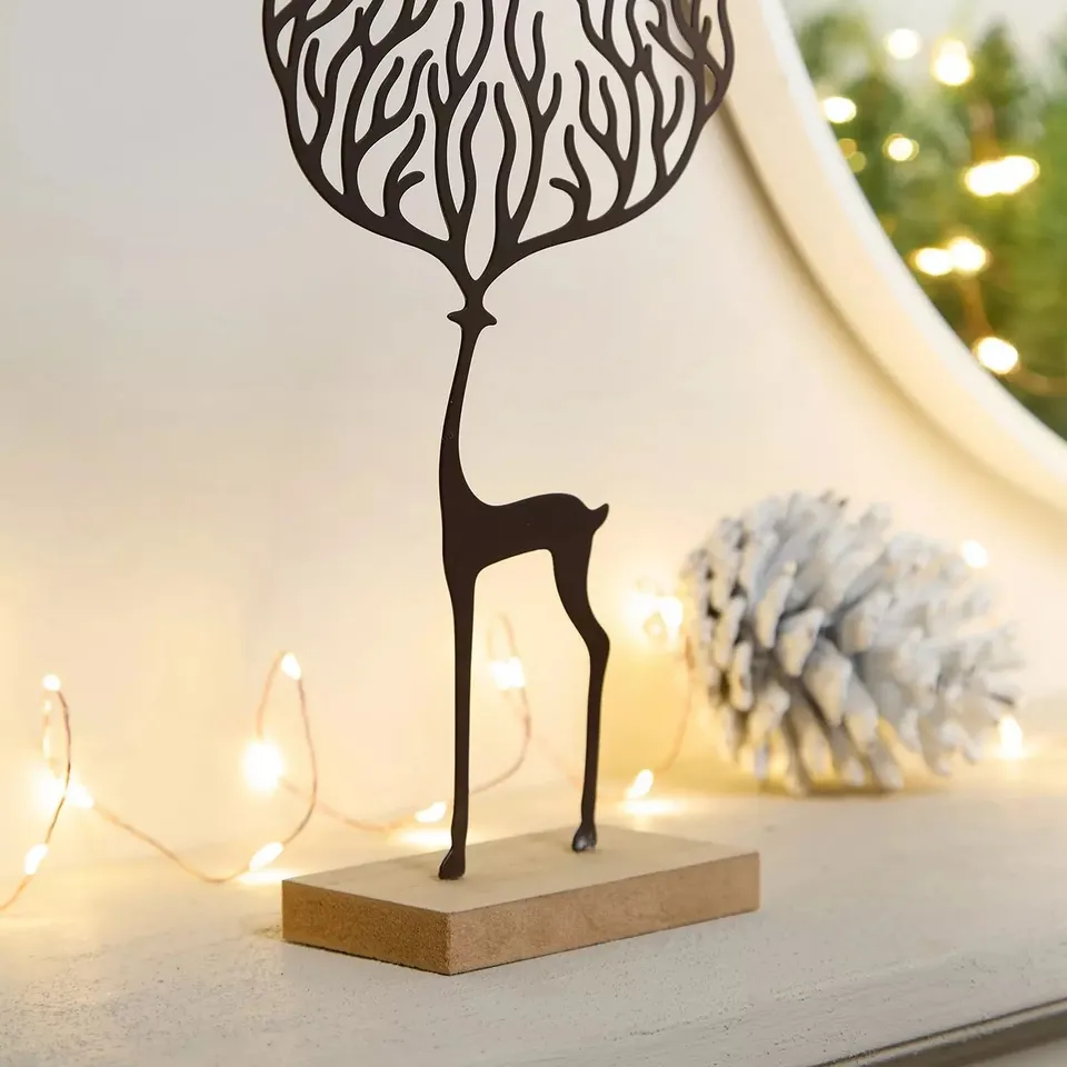 DEER WITH LARGE ANTLERS ON WOODEN BASE CHRISTMAS DECORATION