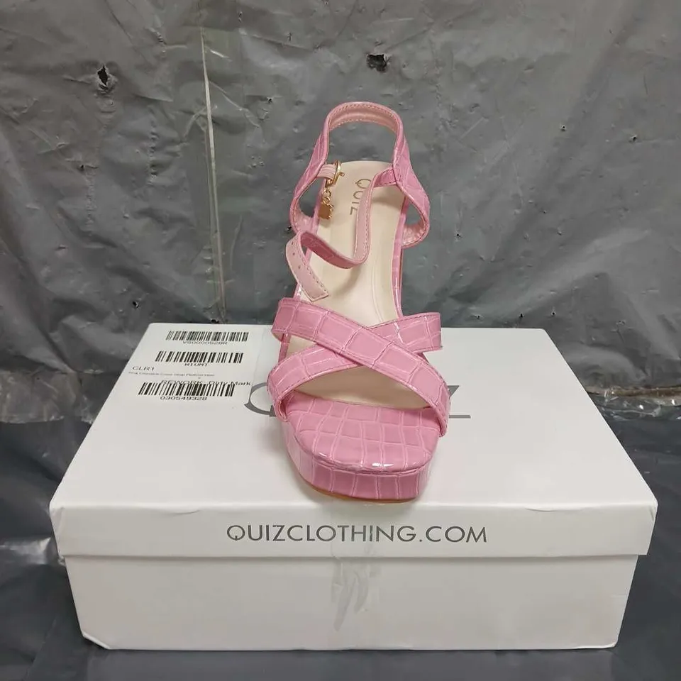 QUIZ PINK CROCODILE CROSS STRAP PLATFORM HEELED SANDAL