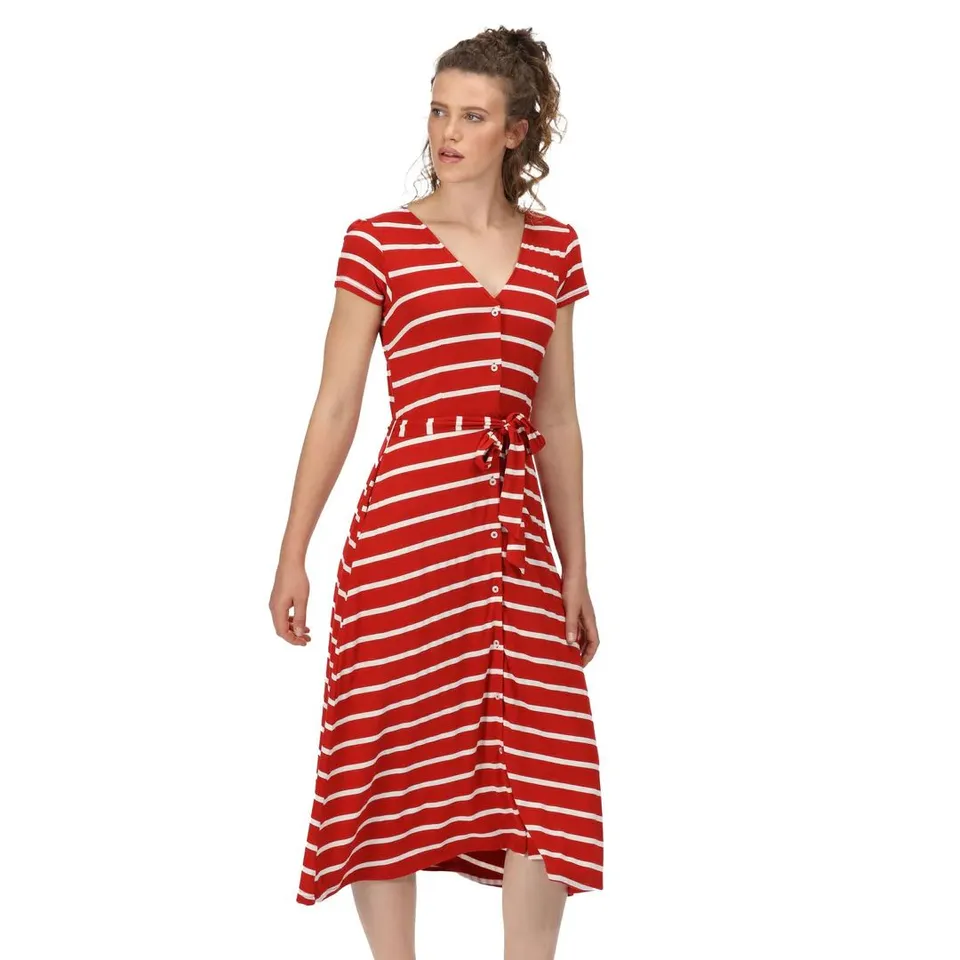 REGATTA WOMENS MAISYN STRIPE SHIRT DRESS TRUE RED WHITE STRIPE SIZE 16