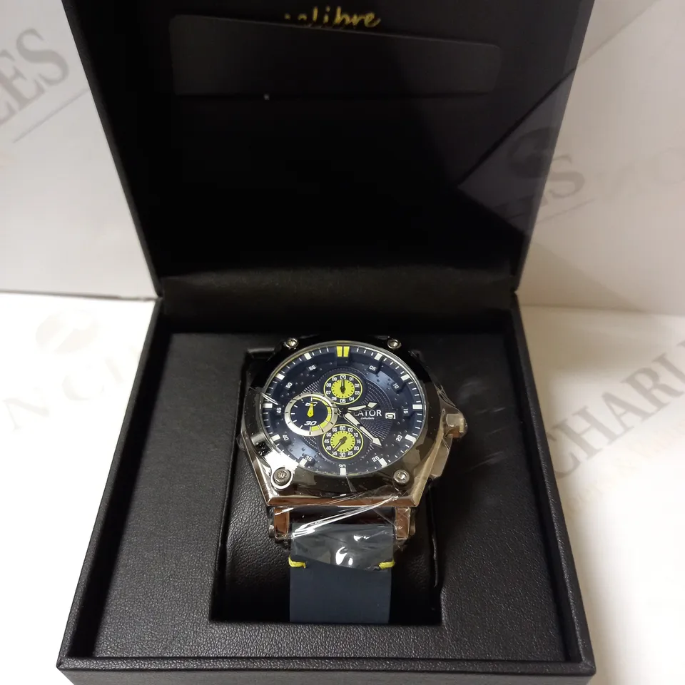 LATOR CALIBRE BLUE & YELLOW DIAL SUEDE LEATHER STRAP WATCH RRP £635