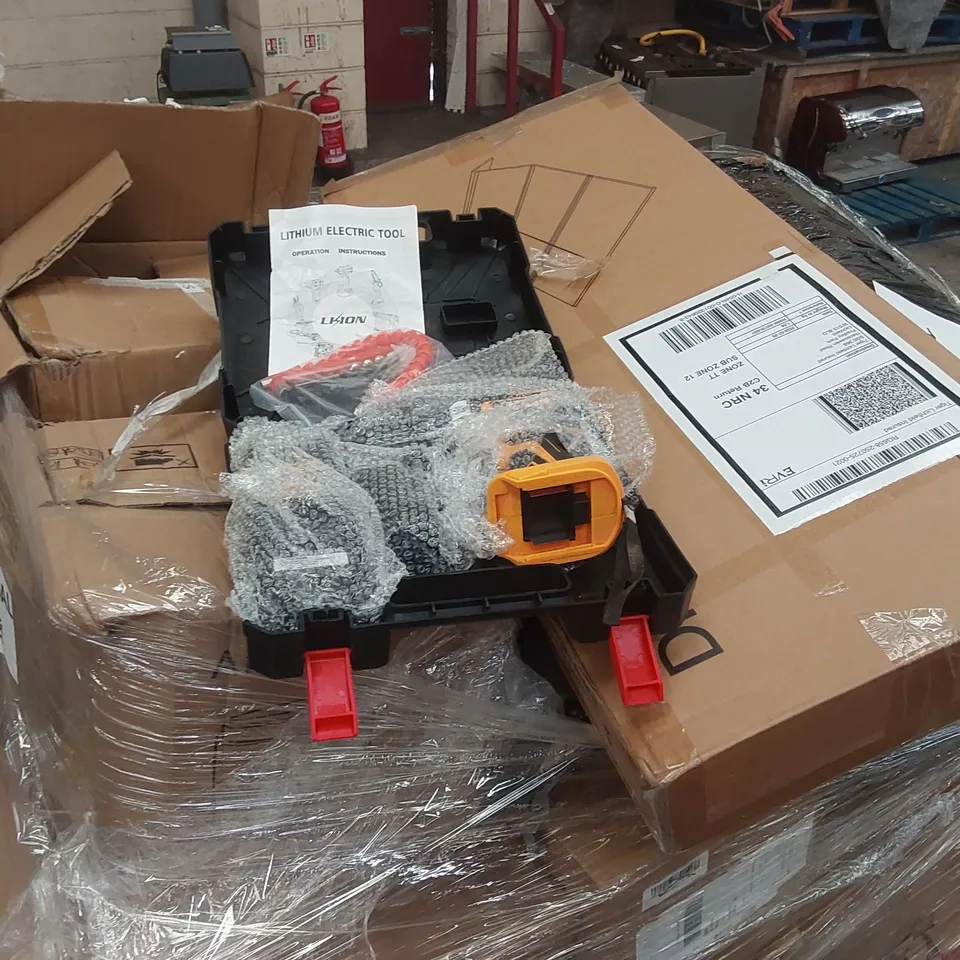 PALLET CONTAINING VARIOUS ASSORTED BOXED ITEMS TO INCLUDE CORDLESS DRILL, VACUUM CLEANERS AND LOTS MORE UNMARKED BOXED ITEMS 