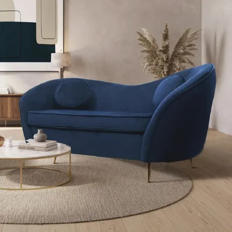 BOXED ASYMMETRICAL MODERN VELVET 2 SEATER SOFA - BLUE (1 BOX)