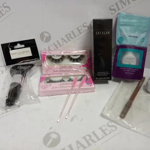 LOT OF APPROX 7 TO INCLUDE BODY COLLECTION BRUSH , SHEGLAM FOUNDATION , LASHES , ETC