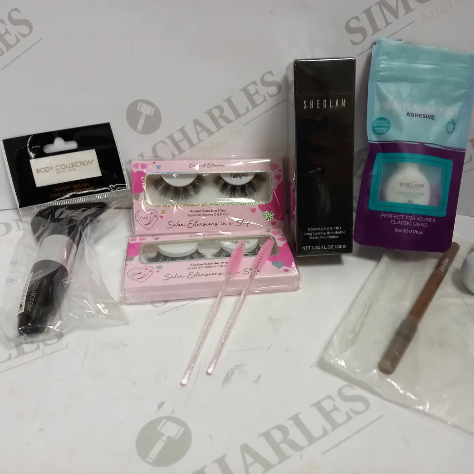 LOT OF APPROX 7 TO INCLUDE BODY COLLECTION BRUSH , SHEGLAM FOUNDATION , LASHES , ETC