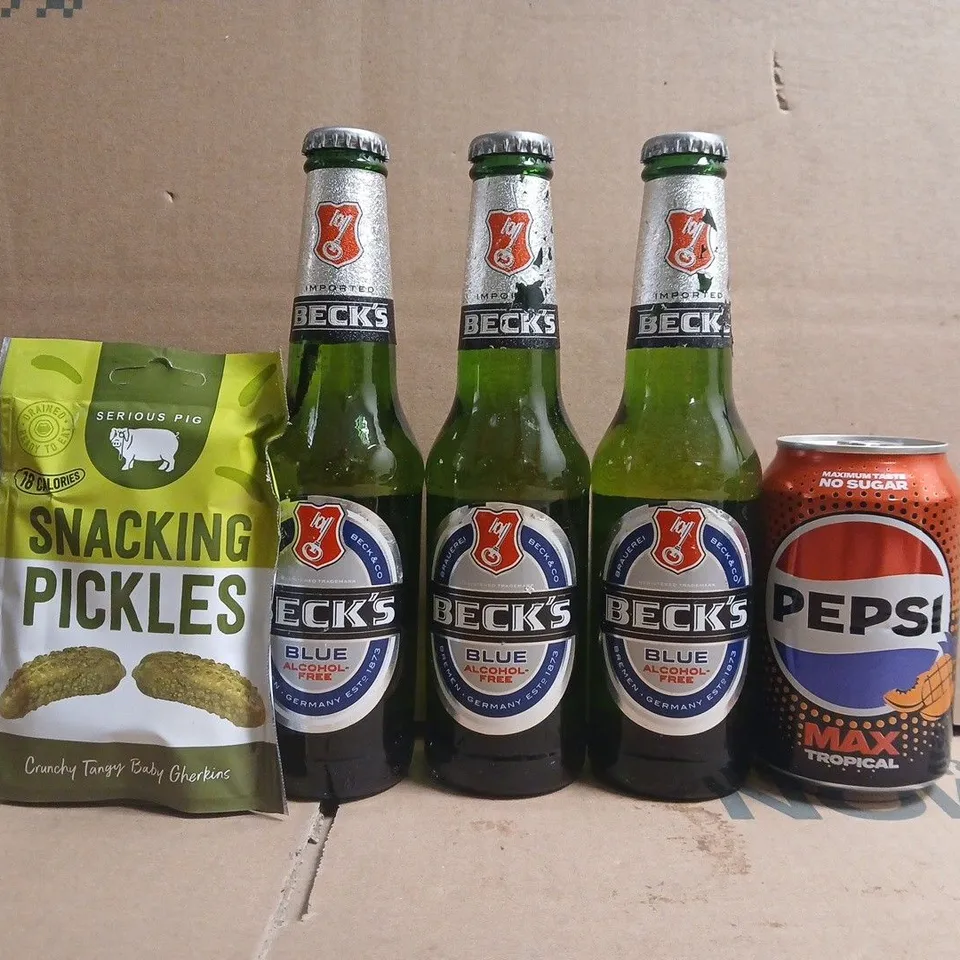 APPROXIMATELY 10 ASSORTED FOOD AND DRINK ITEMS TO INCLUDE PEPSI, BECK'S BLUE ALCOHOL-FREE, SNACKING PICKLES, ETC