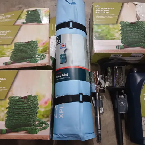 PALLET OF ASSORTED PRODUCTS TO INCLUDE; PATH AND PATIO CLEANER, ASSORTED HOSES, CAMPING MAT AND SOLAR LIGHTS