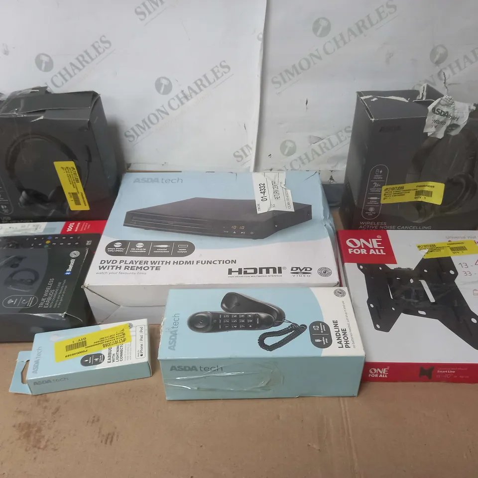 BOX OF ASSORTED ELECTRICAL ITEMS TOO INCLUDE EARPHONES SPEAKERS AND REMOTES 