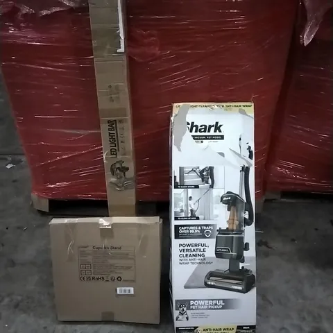 PALLET OF HOUSEHOLD ITEMS TO INCLUDE FLOOR SQUEEGEE, SHARK VACUUM (PET MODEL) CUPCAKE STAND,LED LIGHT BAR AND OTHER ASSORTED ITEMS...