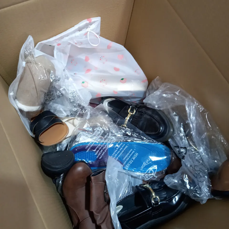 BOX OF APPROXIMATELY 10 PAIRS OF SHOES TO INCLUDE ASOS, SLIPPERS, BABY SHOES ETC