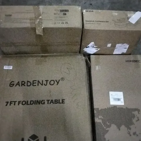 PALLET OF ASSORTED ITEMS INCLUDING 7FT FOLDING TABLE, NONSTICK COOKWARE SET, GAS WATER HEATER, TWIN BED FRAME, SWIVELING FAUCET