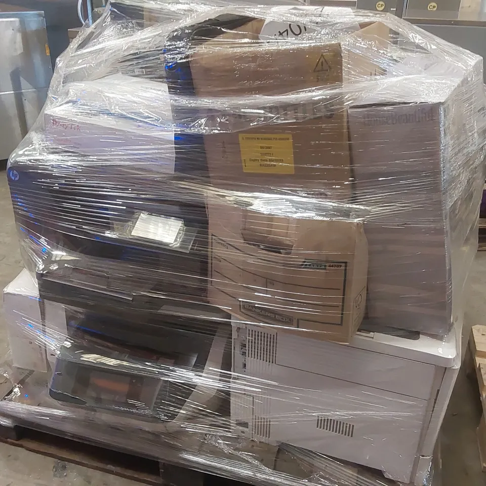 PALLET CONTAINING A VERY LARGE QUANTITY OF ASSORTED ITEMS INCLUDING: TOASTERS, HP OFFICEJET PRO PRINTER, CLEVERSPA HOT TUB, SONY CYBERSHOT CAMERA, OFFICE TELEPHONES ECT