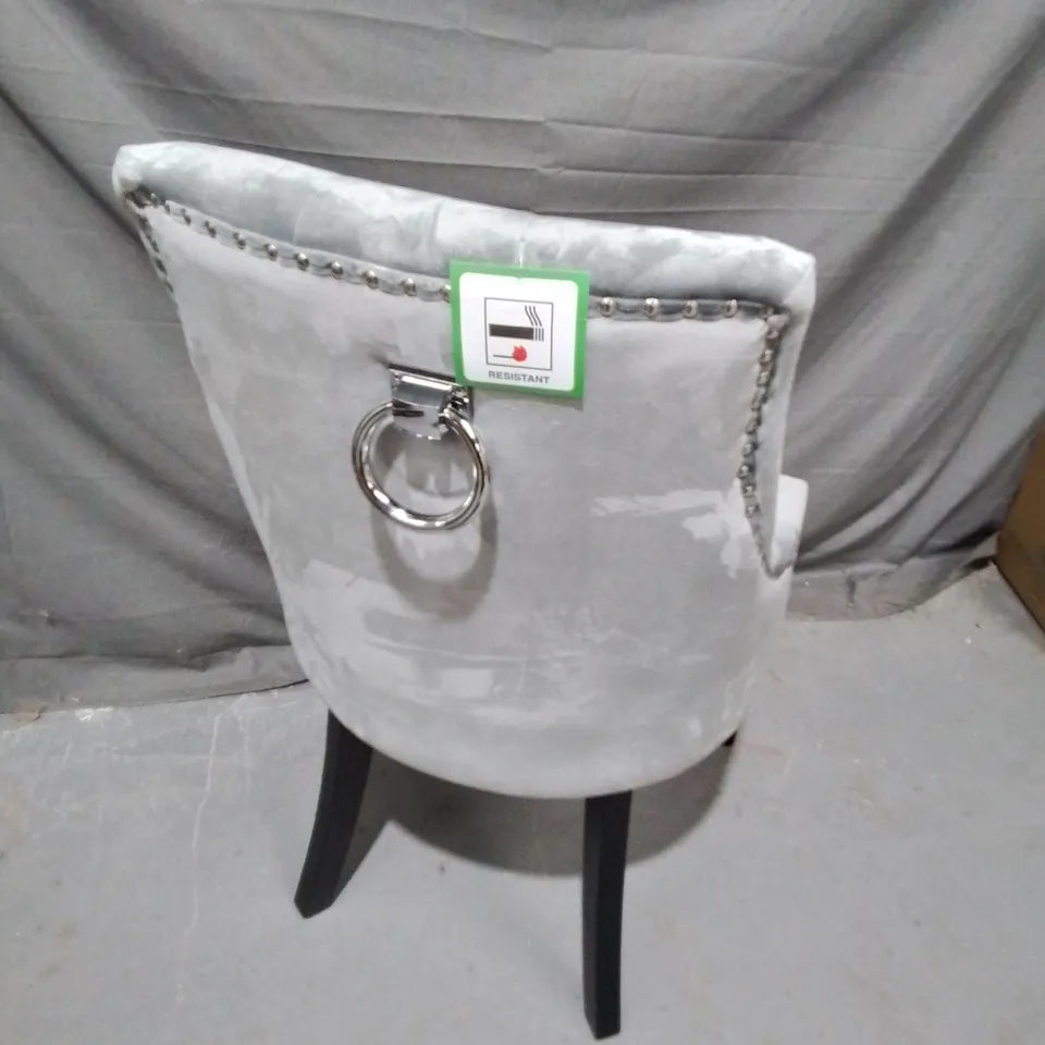 DESIGNER GREY FABRIC CHAIR WITH BUTTON DETAIL - COLLECTION ONLY