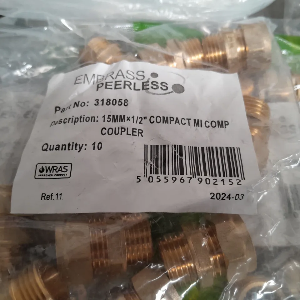LOT OF ASSORTED PLUMBING ITEMS TO INCLUDE TESLA IMMERSION HEATERS, COMPACT COUPLERS, BALL TYPE PUMP VALVES AND WALL PLATE ELBOWS