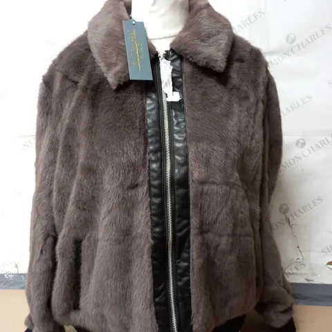 RUTH LANGSFORD FAUX LEATHER TRIM FAUX FUR BOMBER IN MINK SIZE 18 