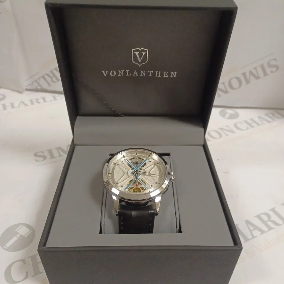 MENS VONLANTHEN AUTOMATIC WATCH – SILVER AND BLUE TEXTURED DIAL - GLASS EXHIBITION BACKCASE