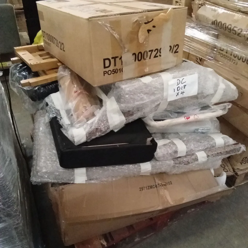 PALLET OF ASSORTED DESIGNER FURNITURE AND CHAIR PARTS AND PIECES 