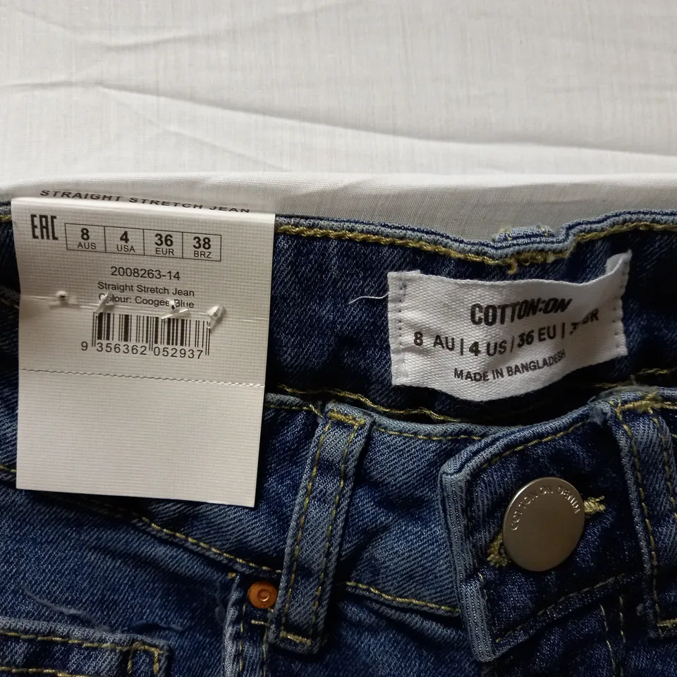 BOX OF APPROX 17 BRAND NEW COTTON:ON STRAIGHT STRETCH JEANS - COOGEE BLUE SIZE AUS 8