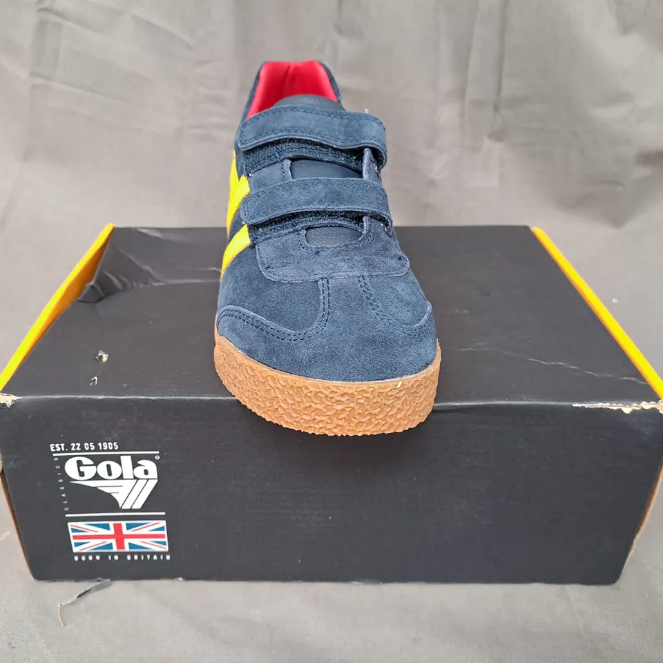 BOXED PAIR OF GOLA HARRIER STRAP SHOES IN NAVY/YELLOW/RED UK SIZE 2