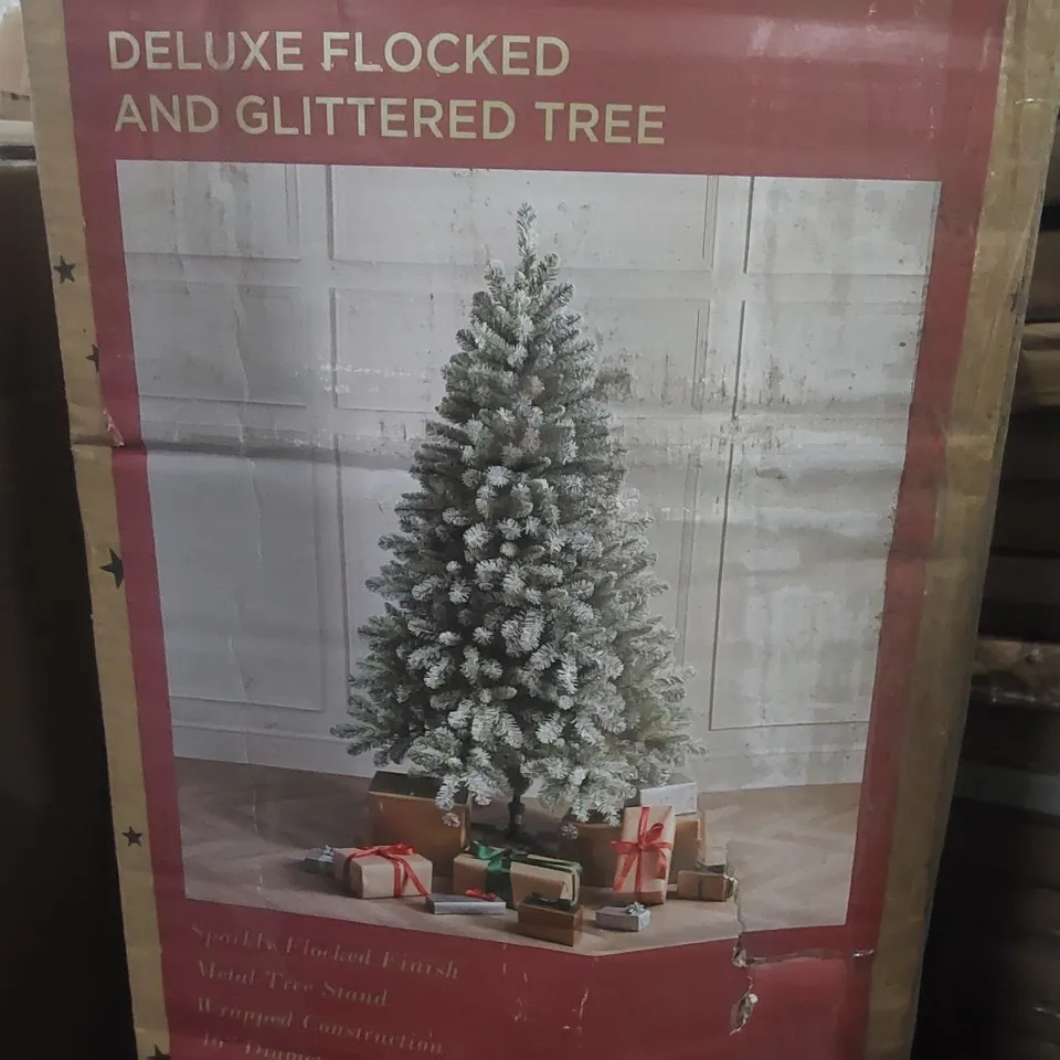 BOXED 6FT TALL DELUXE FLOCKED AND GLITTERED ARTIFICIAL CHRISTMAS TREE