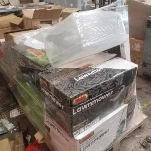 PALLET CONTAINING ASSORTED GARDENING EQUIPMENT INCLUDING LAWNMOWERS, PRUNING SAW WITH EXTENSION POLE, ELECTRIC HEDGE TRIMMER & OIL CHANGE KITS