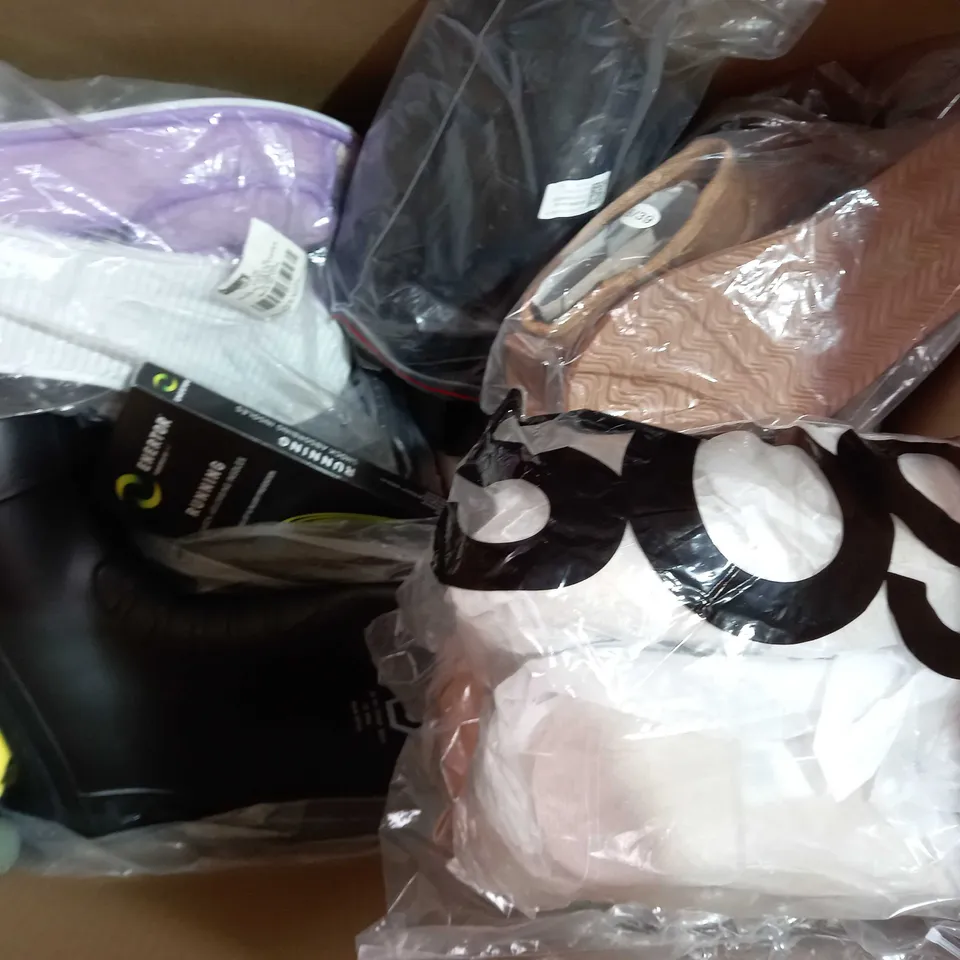 BOX OF APPROXIMATELY 15 ASSORTED PAIRS OF SHOES AND FOOTWEAR ITEMS IN VARIOUS STYLES AND SIZES TO INCLUDE DOROTHY PERKINS, BIRKENSTOCK, ETC