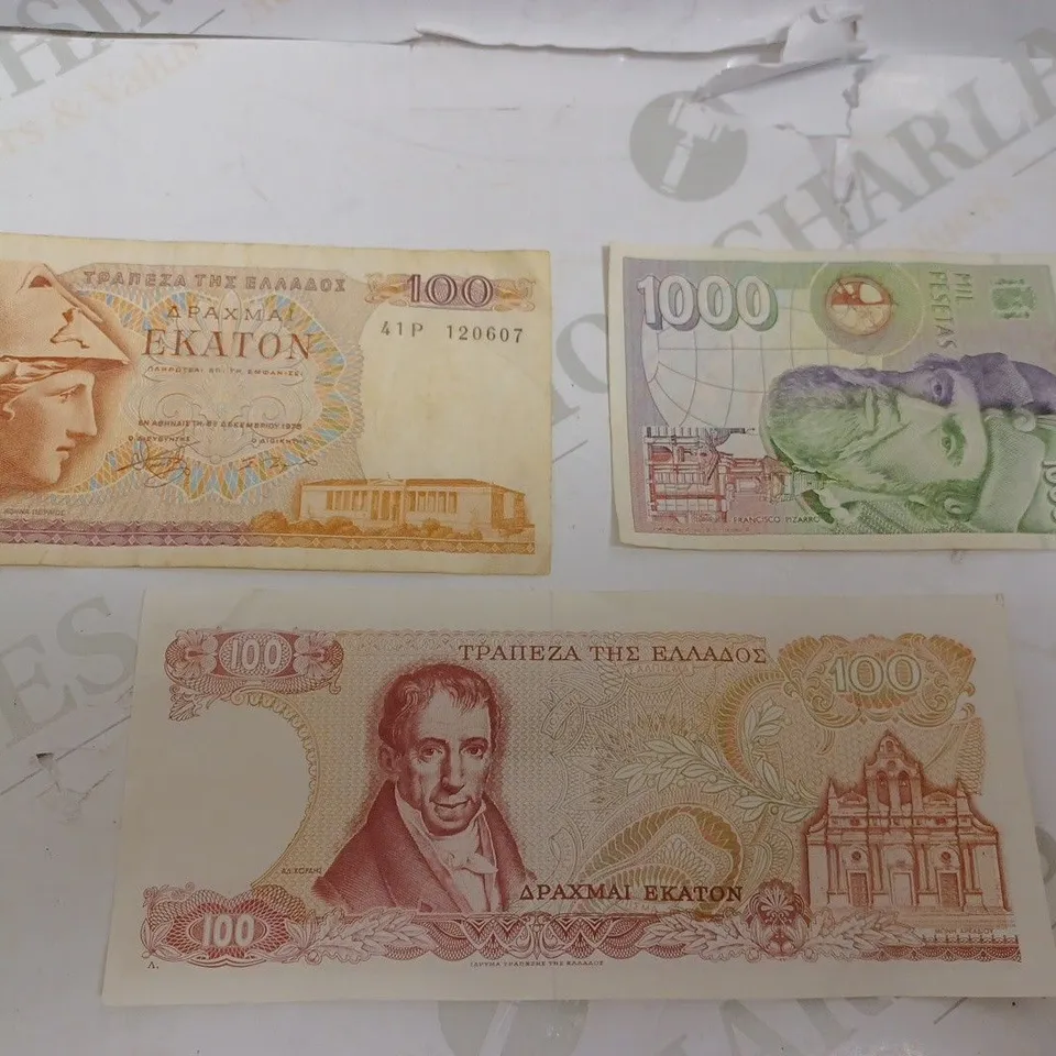 BOX OF 3 ASSORTED BANK NOTES INCLUDING DRACHMA AND PESETA