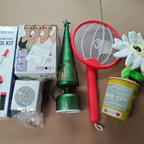 LOT OF ASSORTED HOUSEHOLD ITEMS TO INCLUDE PLANT PLUSHIE FLY SHOCK RACKETS AND DECORATIVE TREE