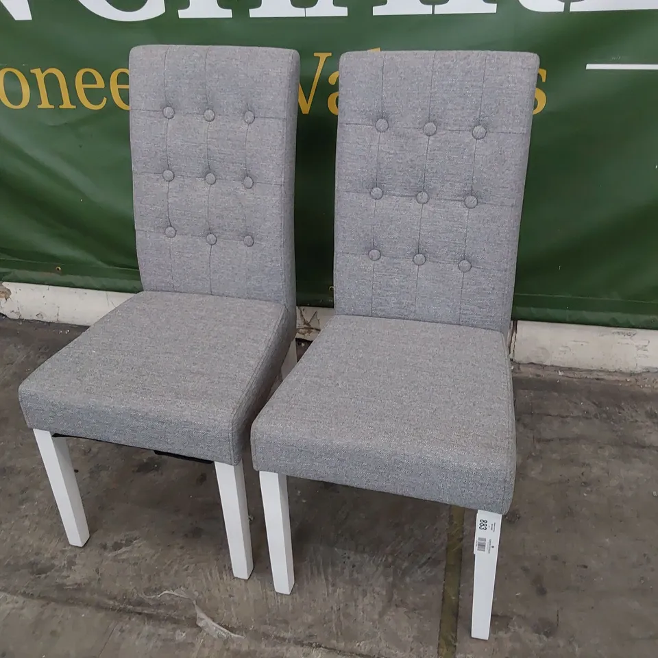 PAIR OF UPHOLSTERED BUTTONED BACK DINING CHAIRS GREY FABRIC ON WHITE PAINTED LEGS 