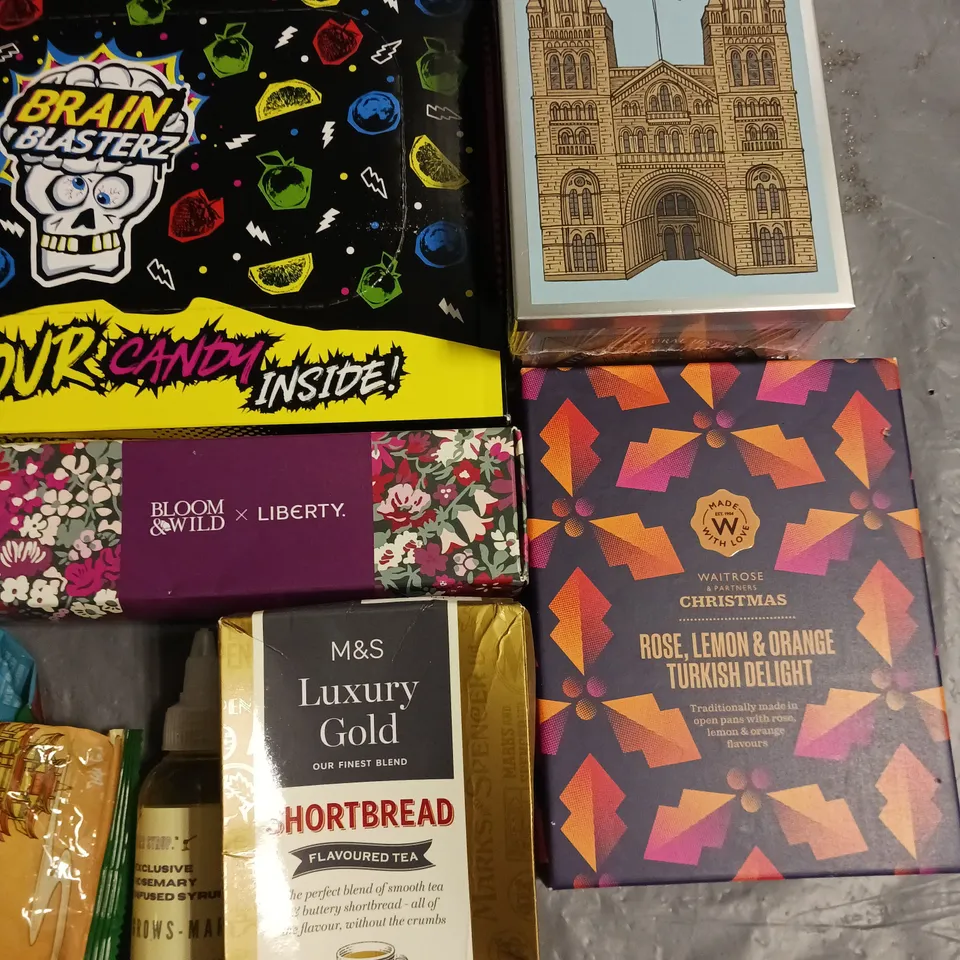 LOT OF 13 ASSORTED FOOD ITEMS TO INCLUDE TURKISH DELIGHT, BRAINBLASTERZ AND DRIZZLER HONEY