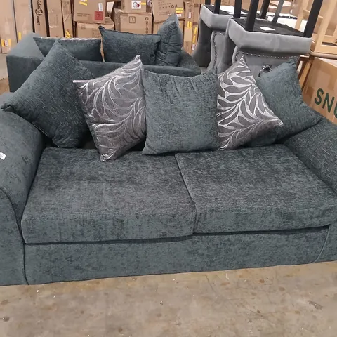 DESIGNER GREY FABRIC TWO SEATER SOFA WITH SCATTER CUSHIONS