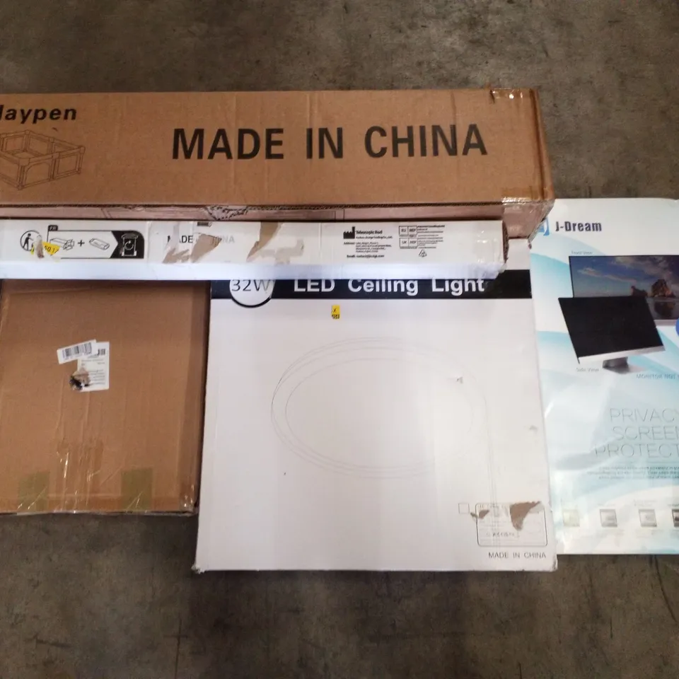 PALLET CONTAINING ASSORTED PRODUCTS INCLUDING PLAYPENS, TELESCOPIC ROD, LED CEILING LIGHT, HANGING BIRD FEEDER & PRIVACY SCREEN PROTECTOR 