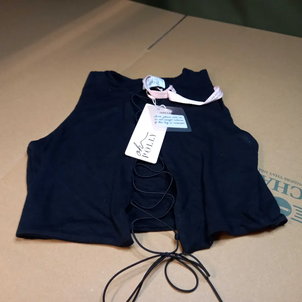 OH POLLY BLACK TIE FRONT STATEMENT CROPPED TOP - SIZE 10