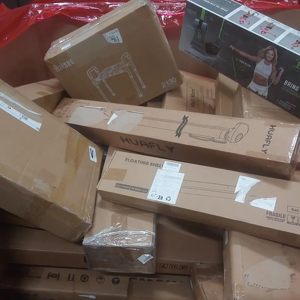 PALLET CONTAINING A VERY LARGE QUANTITY OF ASSORTED ITEMS INCLUDING: BAND BOARD WORKOUT SYSTEM, RETRACTABLE GATE, FLOATING SHELF ECT