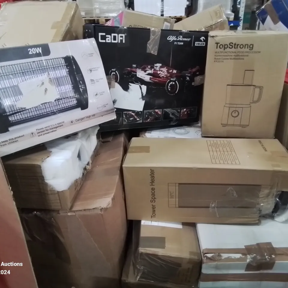 MIXED PALLET OF VARIOUS HOUSEHOLD ITEMS TO INCLUDE: TOWER HEATER, MOSQUITO/INSECT KILLER, CADFI ALFA ROMEO F1 MODEL CAR, CEILING FAN, FOOD PROCESSOR AND LOTS MORE UNMARKED BOXED ITEMS 