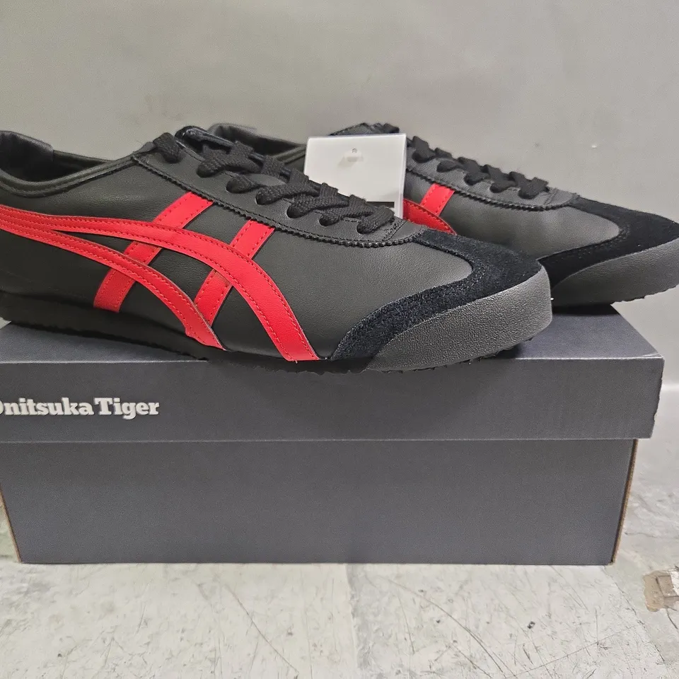 BOXED PAIR OF ONITSUKA TIGER SHOES IN BLACK/RED SIZE UK 9
