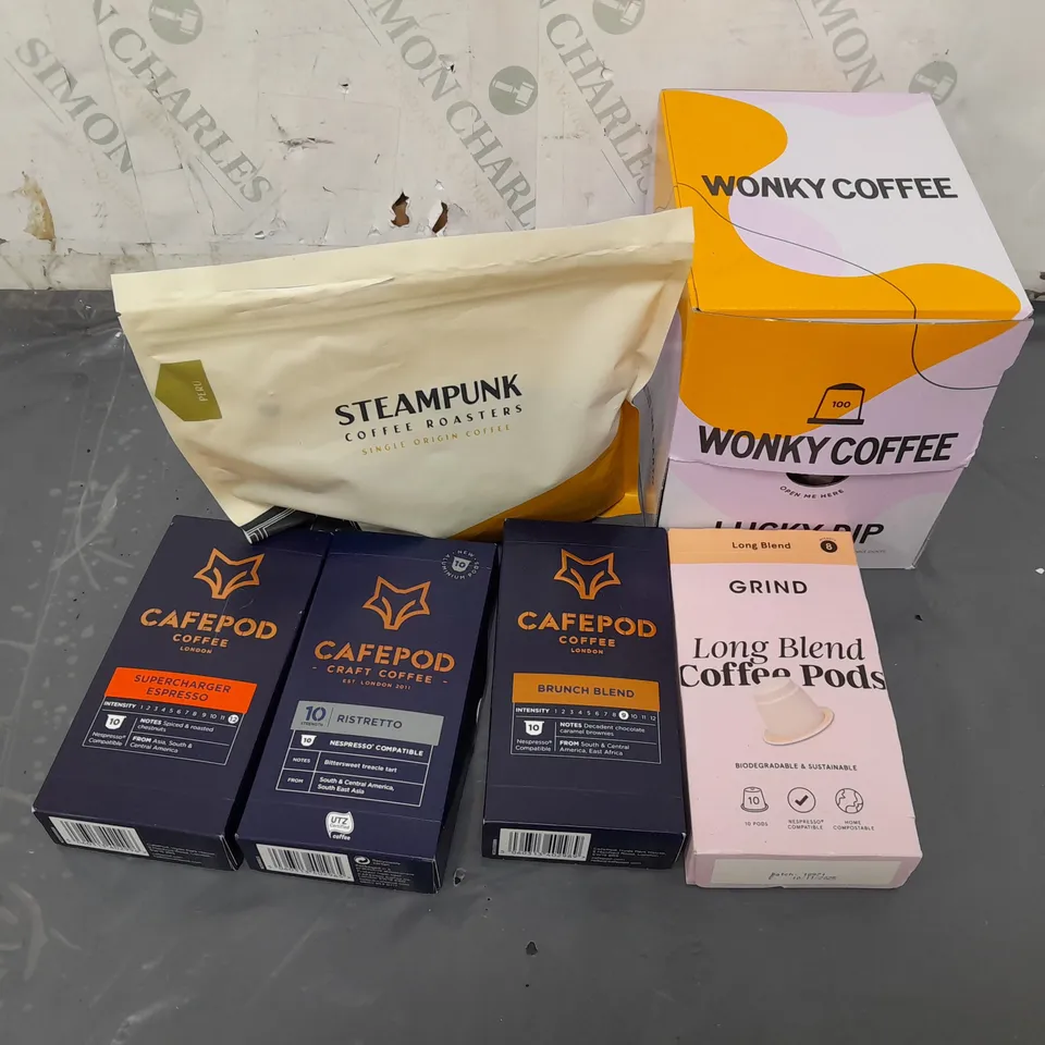 6 COFFEE PRODUCTS TO INCLUDE WONKY COFFEE LUCKY DIP, STEAMPUNK COFFEE ROASTERS PERU SINGLE ORIGIN, CAFEPOD COFFEE SUPERCHARGER ESPRESSO 