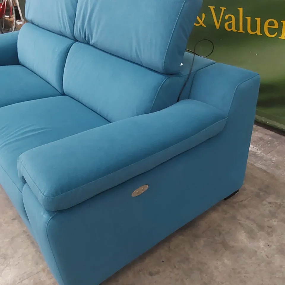 QUALITY DESIGNER ITALIAN MADE RICCARDO 3-SEATER 2-ELECTRIC MECHANISM RECLINER SOFA UPHOLSTERED IN BLUE FABRIC