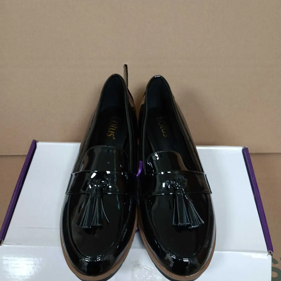 BOXED PAIR OF LOTUS BLACK PATENT TASSEL LOAFERS, UK 5