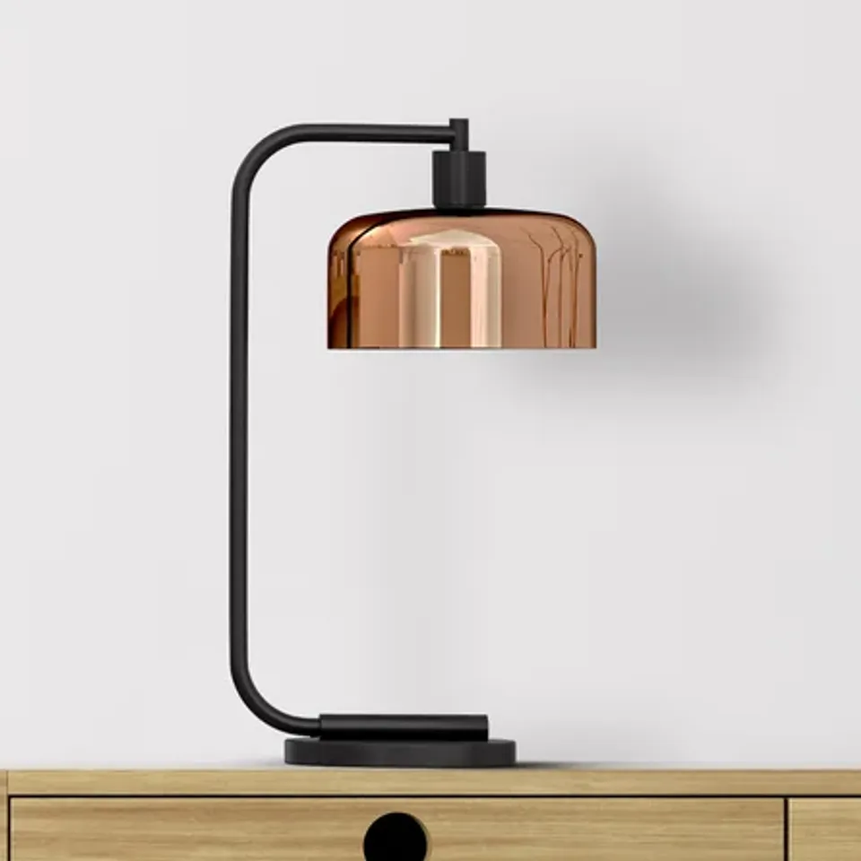 BOXED BLACK ARCHED TABLE LAMP COPPER SHADE