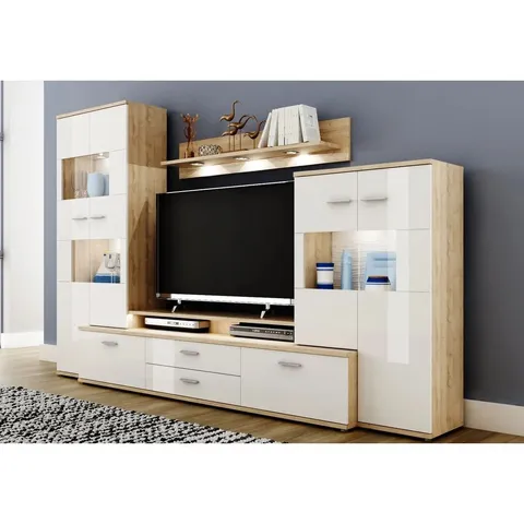 BOXED GILCREASE WALL UNIT FOR TVS UP TO 60" - WHITE/LIGHT OAK (5 BOXES)