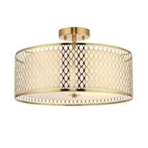 BOXED ENDON CORDERO 3 LIGHT FLUSH CEILING LIGHT GOLD EFFECT PLATE, WHITE FABRIC & FROSTED GLASS
