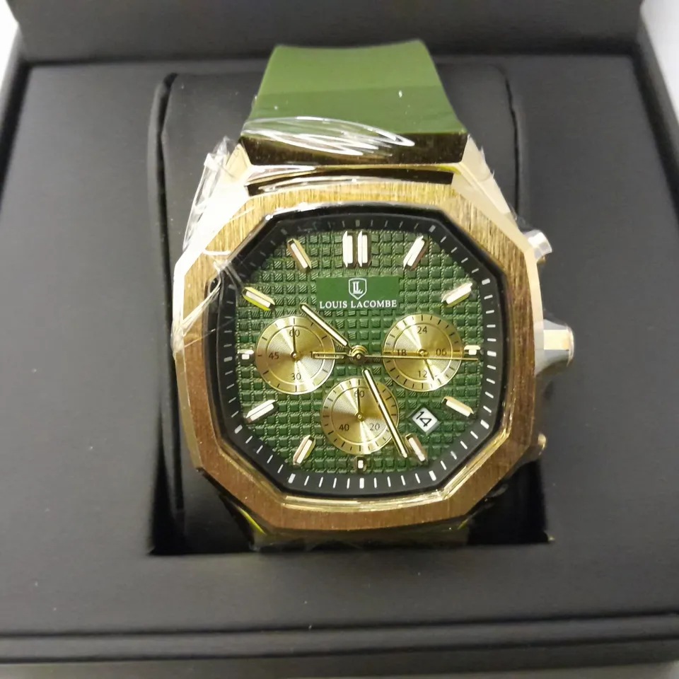 BOXED LOUIS LACOMBE CHRONOGRAPH WATCH WITH GREEN RUBBER STRAP