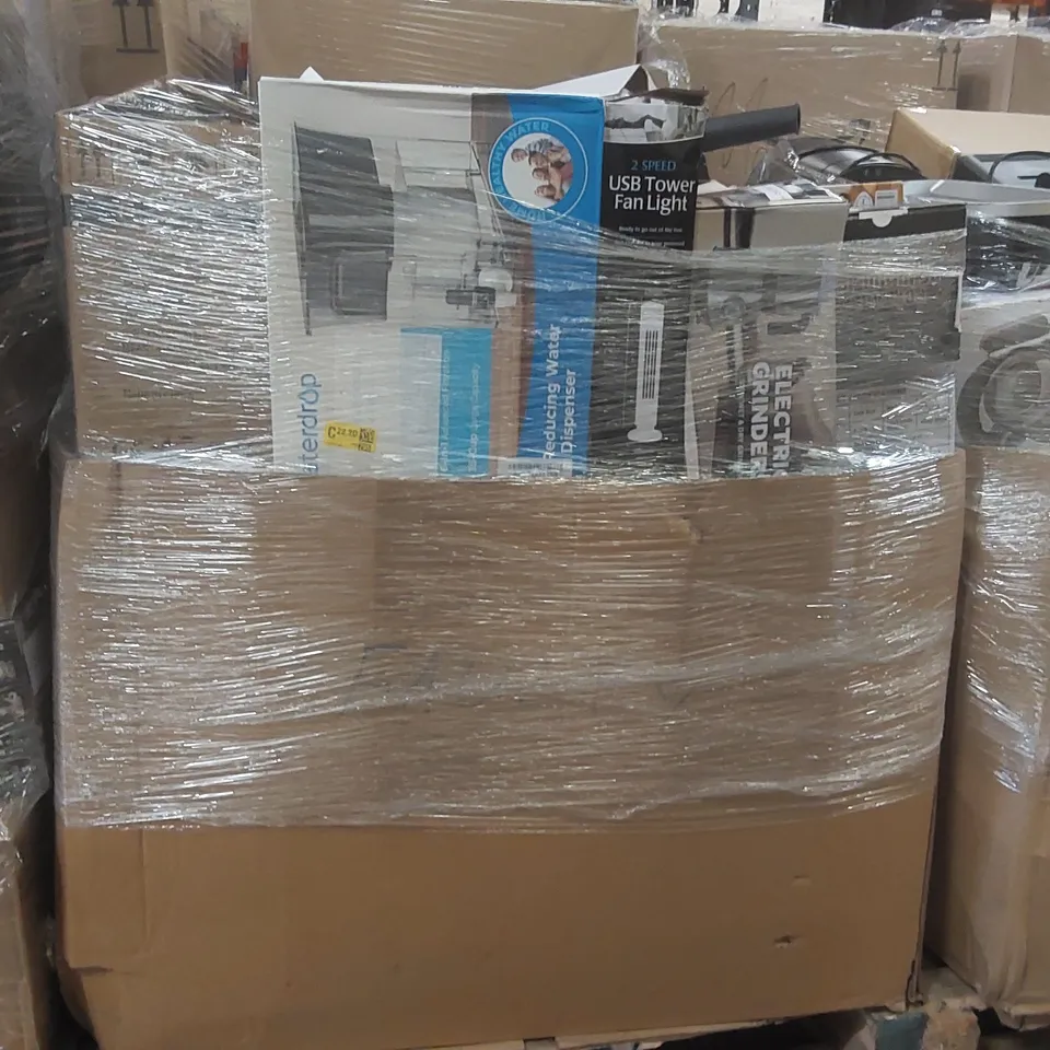 PALLET CONTAINING A VERY LARGE QUANTITY OF ASSORTED ITEMS INCLUDING: BOOM BOX, PORTABLE DEHUMIDIFIER, TOWER FAN LIGHT, WATER DISPENSER, NECK MASSAGER ECT